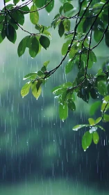 Backlit green leaves capture vertical rainfall in shallow focus