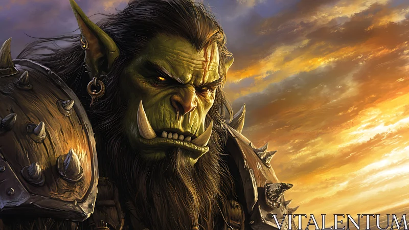 Battle-scarred orc warrior glares into a burning fantasy sky