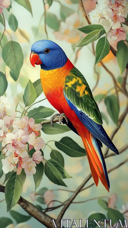 Radiant rainbow parrot perches calmly among spring blossoms