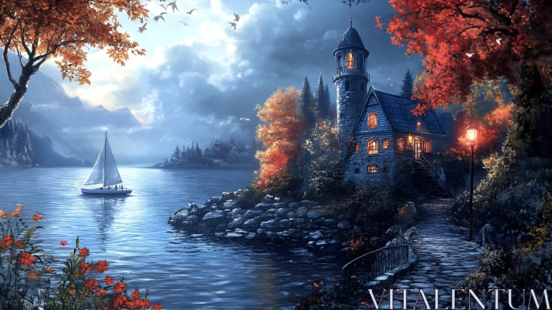 Lakeside stone cottage glows beneath autumn twilight sky.