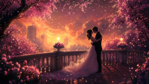 Digital rendering of couple on balcony with illuminated cityscape and flowering trees