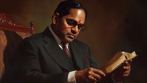 Man in formal suit reading thick book indoors. Period.