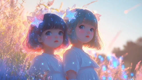 Bioluminescent twin girls in stellar dusk meadow field.
