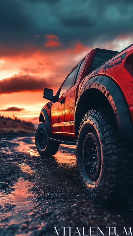 Bold red off-road truck waits proudly in a fiery sunset glow