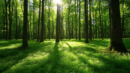 Sunlight streaming through lush green forest, tranquil nature scene.