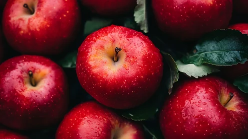 Red apples with dewdrops against deep green foliage.