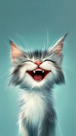Laughing Cat with Vampire Fangs Against Turquoise.