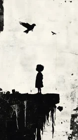 Child silhouette on crumbling ledge with soaring black birds.
