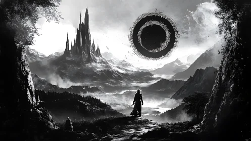 Lone mage confronts looming citadel beneath a dark celestial sigil