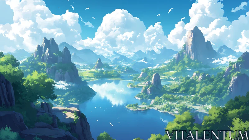 Sunlit mountain lake valley opens into a calm blue horizon