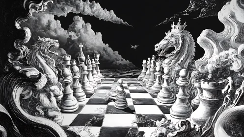Monochrome chessboard with sculptural knights and clouds.
