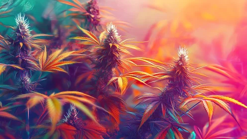 Psychedelic cannabis grove blazing under rainbow twilight.