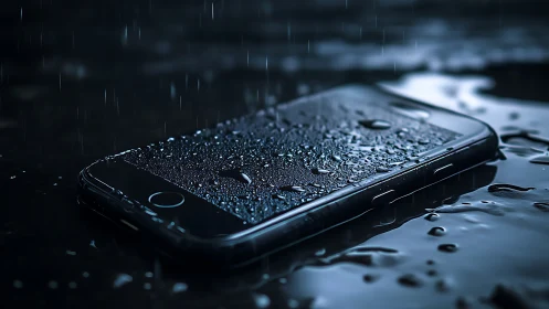 Waterproof smartphone in rain. Water droplets cascade across black device.