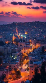 Sunset city lights glowing softly along a winding avenue.