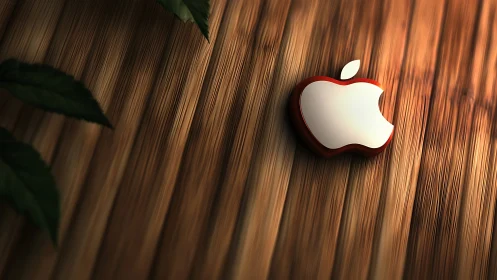 Apple's Crimson Badge Meets Organic Wood Dance.