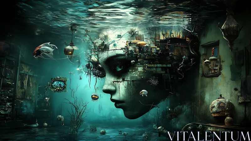Surreal underwater portrait with fragmented architectural mindscape.
