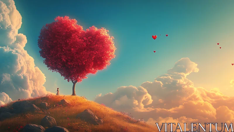Red Heart Tree Stands Beneath Luminous Sky with Floating Hearts