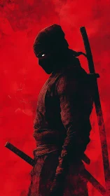 Ninja silhouette with twin swords on red background.