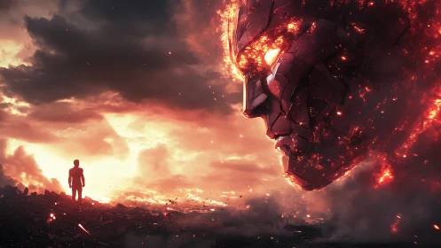 Solitary figure before colossal molten mechanoid visage at dusk