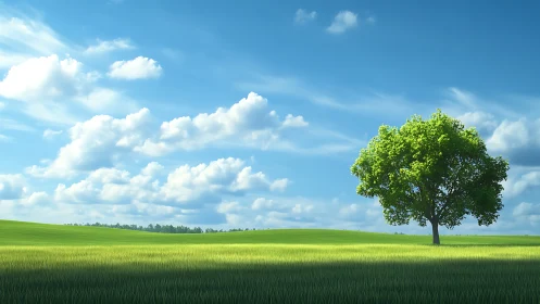 Isolated deciduous tree on open grass field under clouds.