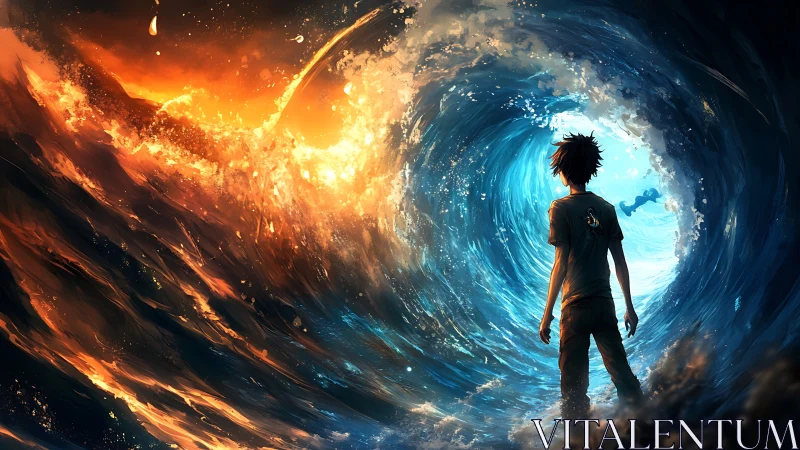 Boy confronting bifurcated fire and water vortex with backlight