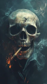 Smoking skull gentleman wrapped in ghostlit embers and haze.