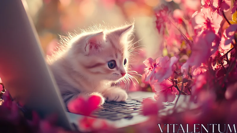 Kitten's Magical Garden: Innocence Among Pink Blooms.