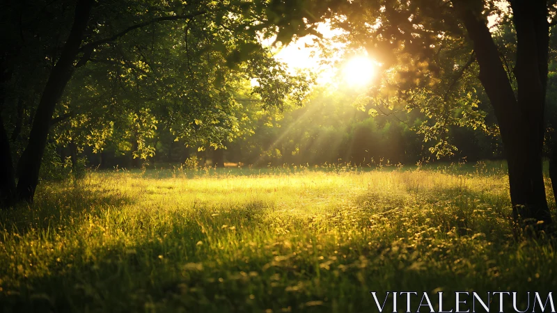 Backlit deciduous meadow under low sun with volumetric rays