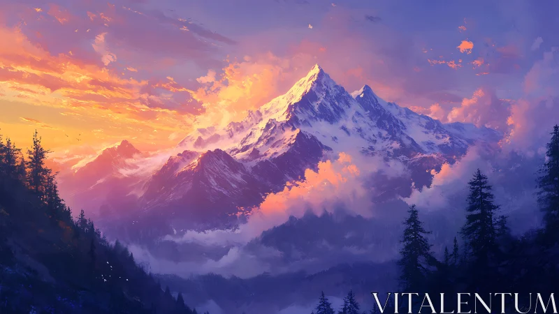 Sunlit summit carves firelit clouds above violet valleys