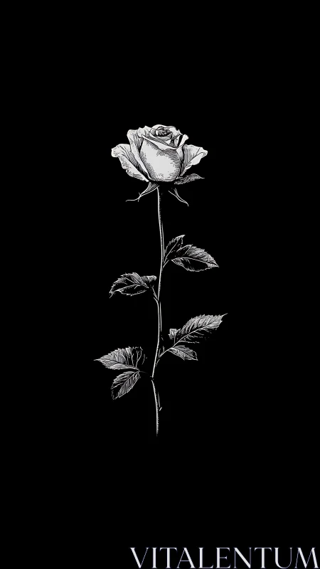 Monochrome rose illustration on plain black background.