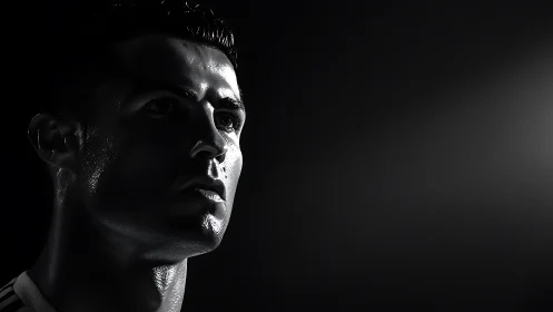 Shadow-cut athlete gazes into stark stadium light. Period.