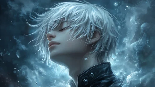 White-haired anime boy in blue ethereal cosmic mist.