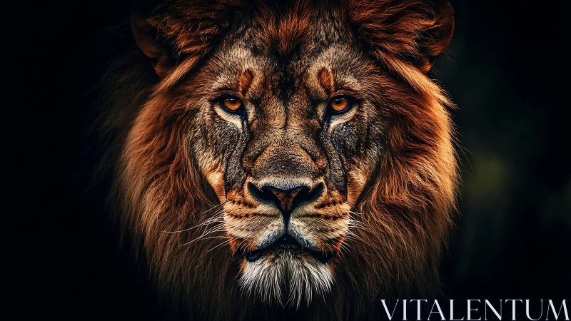 Majestic lion gazes calmly forward with glowing amber eyes