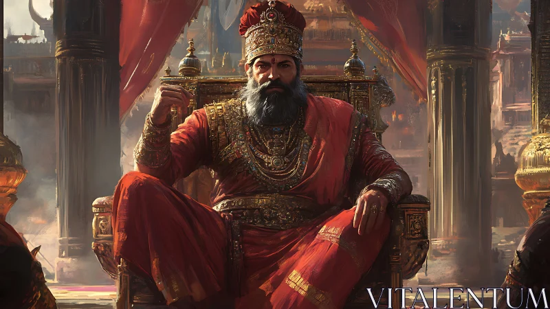 Imperial monarch seated on gilded throne in scarlet regalia