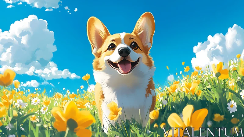 Joyful corgi enjoys sunshine in a bright wildflower meadow