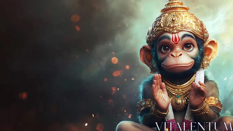 Divine baby monkey deity in ornate gold ceremonial regalia.