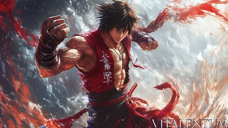 Battle-ready anime fighter in fiery storm of energy.