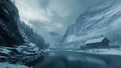 Snowbound cabin beside frozen river under towering peaks