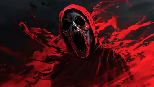 Crimson wraith erupts from darkness in screaming scarlet storm.