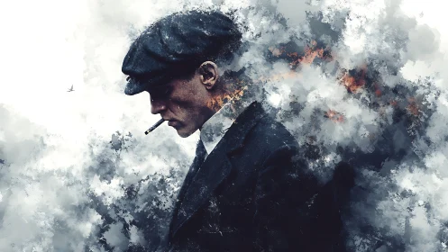 Smoky silhouette frames lone man in flat cap profile.