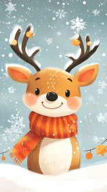 Stylized cartoon reindeer portrait with scarf and falling snowflakes