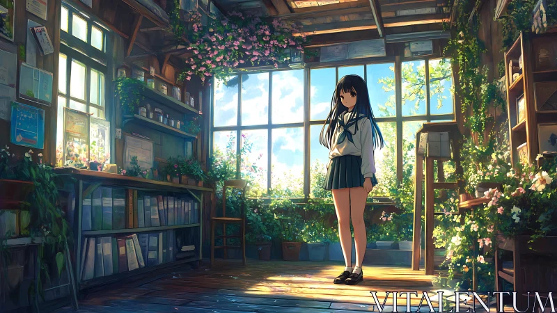 Sunlit greenhouse classroom with anime schoolgirl in uniform