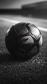 High-contrast monochrome close-up isolates textured soccer ball