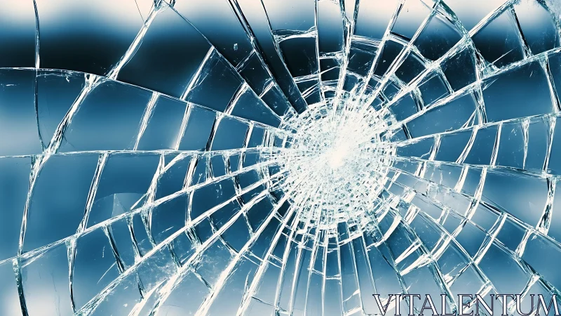 Shattered glass pane radiates fracturing lines from impact point