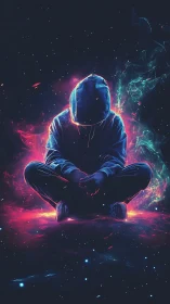 Hooded figure sits cross-legged in neon cosmic glow