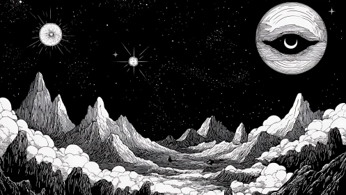 Monochrome cosmic landscape with mountains and all seeing eye.