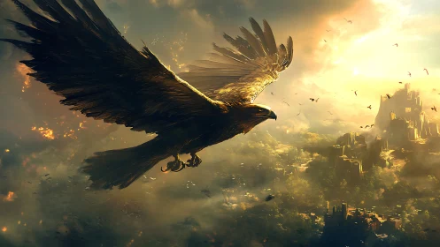 Golden war eagle soaring above a burning fantasy realm.