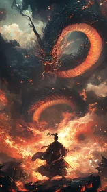 Flame-lit warrior measures destiny beneath a storm-wrought dragon
