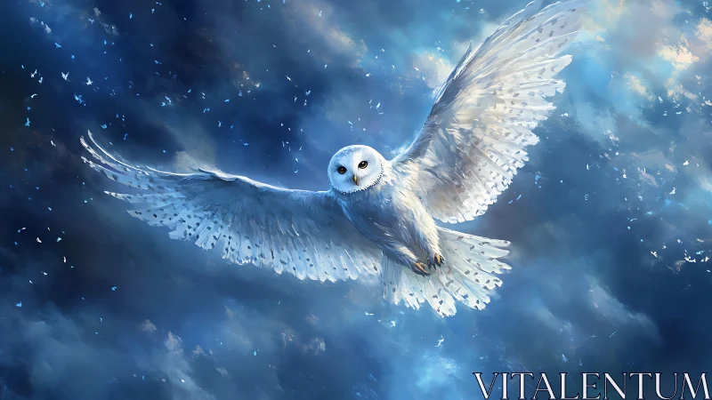 Majestic white owl soaring in dreamy blue night sky, digital art.