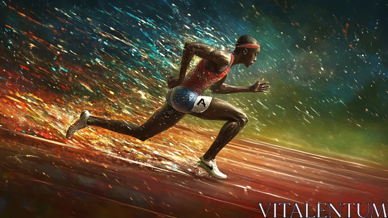 Sprinter in explosive stride with abstract motion trails on track
